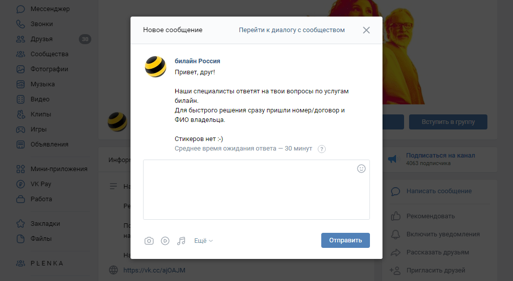 чат поддержки билайн вконтакте 